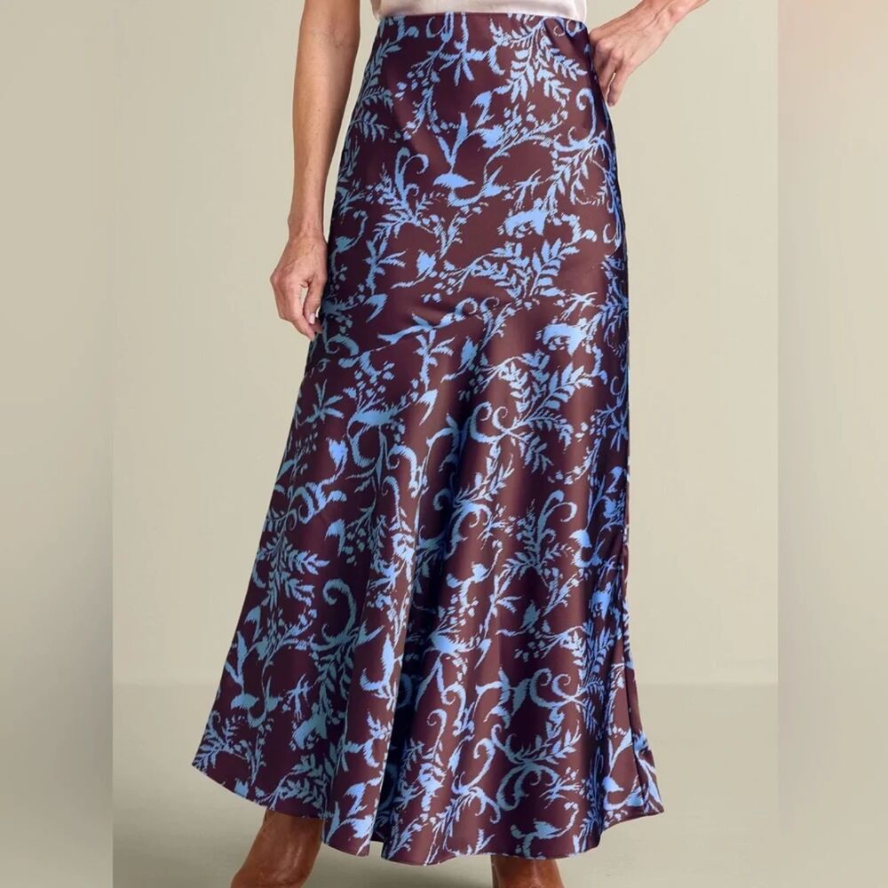 Soft Surroundings XS Satin Maxi Long Skirt Batik Ikat Floral Purple Blue